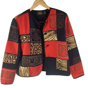 Allure Petite Jacket Patchwork Red Black Tapestry Animal Print PM Medium